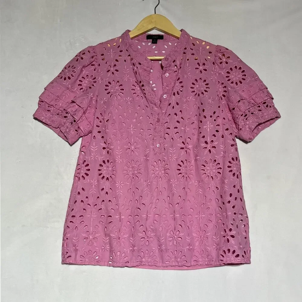J Crew Puff Sleeve Popover Top in Eyelet Womens Small Pink Embroidered Blouse